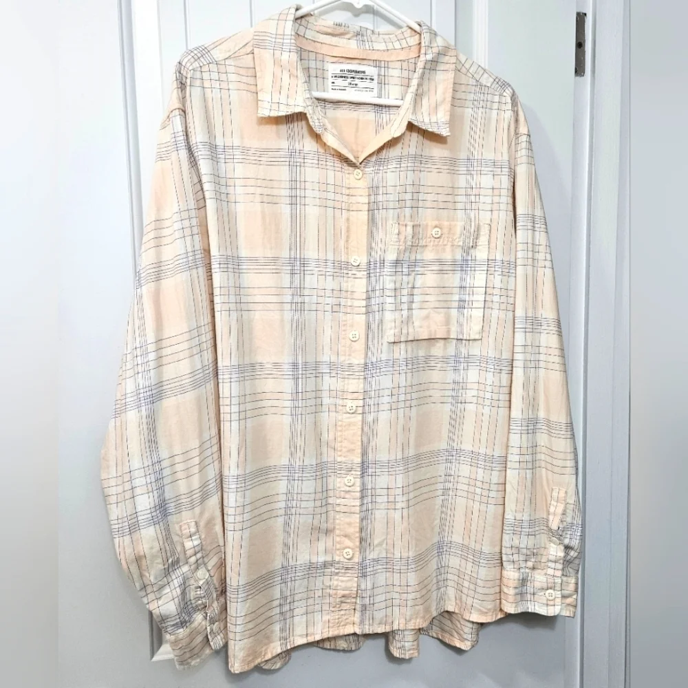 REI Long Sleeve Button Up Cotton Shirt-Plus Size 2x-Peach, Cream, Blue Plaid - Picture 1 of 6